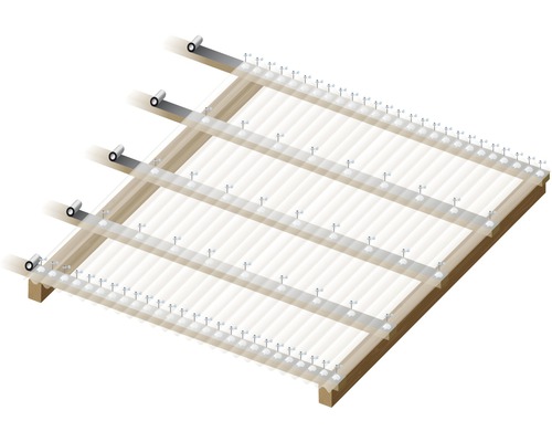 Illustratie van een houten constructie met transparante platen en bevestigingsmateriaal.