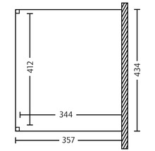 Technische tekening van een plank met de afmetingen 357 mm breedte, 412 mm hoogte en 344 mm diepte.