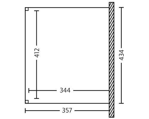 Technische tekening van een plank met de afmetingen 357 mm breedte, 412 mm hoogte en 344 mm diepte.