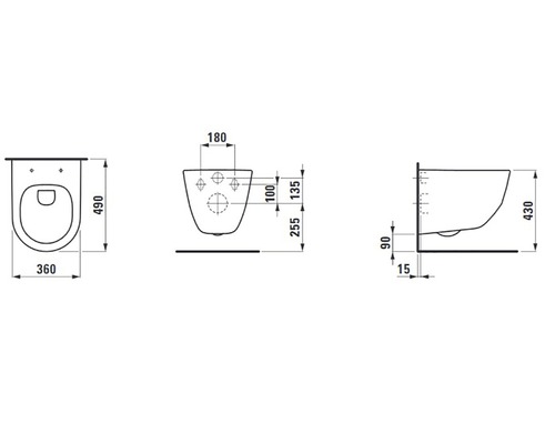 Technische tekening van een wandcloset met afmetingen