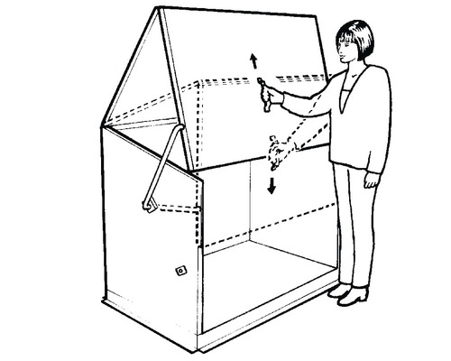 Illustratie van een afvalcontainerberging met een vrouw die het deksel opent