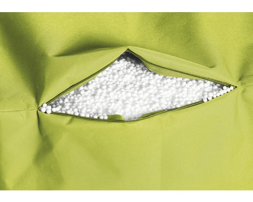 Groene zitzak met open rits en vulling van witte polystyreen korrels