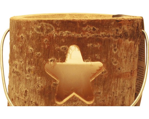 Waxinelichthouder van hout met steruitsparing en metalen handgreep
