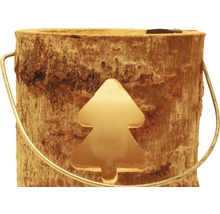 Houten pot met kerstboommotief en metalen handvat