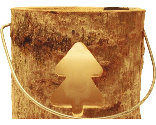 Houten pot met kerstboommotief en metalen handvat