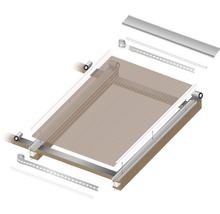 Illustratie van een terrasoverkappingsset met houten frame, polycarbonaatplaten en bevestigingsmaterialen