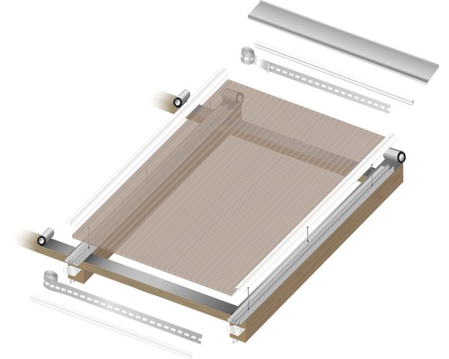 Illustratie van een terrasoverkappingsset met houten frame, polycarbonaatplaten en bevestigingsmaterialen