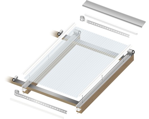 Constructie van een overkapping met houten frame en polycarbonaat platen