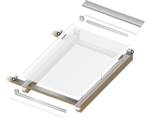 Constructietekening van een terrasoverkapping met profielen en kanaalplaten