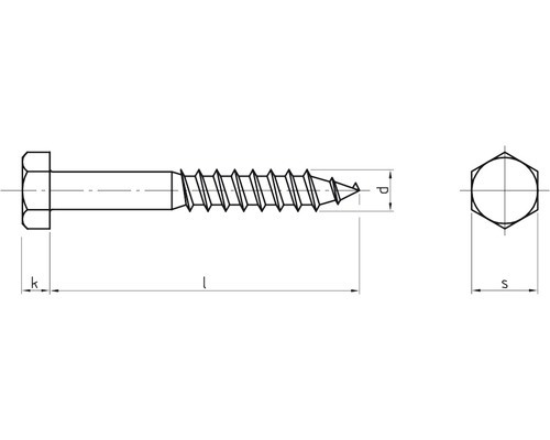 Technische tekening van een houtschroef met zeskantkop en maataanduidingen