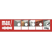 Symboolafbeelding voor pluggen met een maximaal draagvermogen van 8 kilogram voor verschillende bouwmaterialen