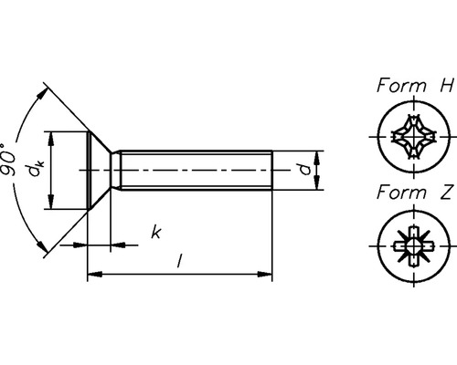Technische tekening van een verzonken schroef met afmetingen en kopvormen H en Z