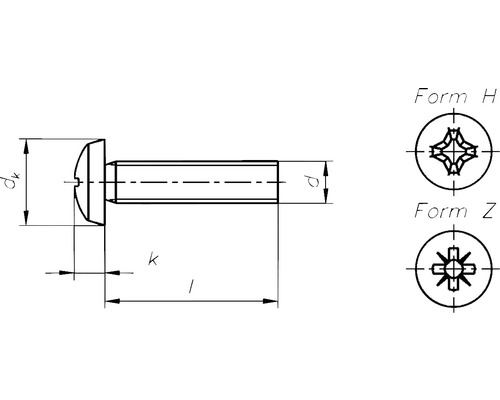 Technische tekening van een schroef met afmetingen en kopvarianten H en Z