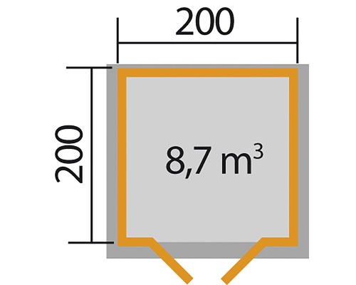 Plattegrondtekening met afmetingen 200 x 200 en een volume van 8,7 kubieke meter