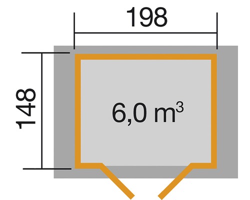 Plattegrond met de afmetingen 148 bij 198 en een inhoud van 6,0 kubieke meter