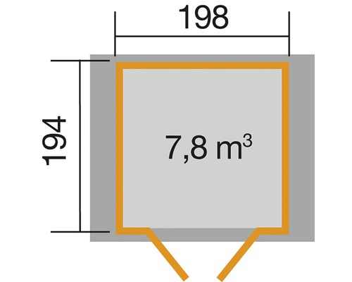 Plattegrondtekening van een tuinhuis met de afmetingen 198 bij 194 en een inhoud van 7,8 kubieke meter