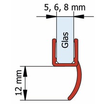 Technische tekening van een afdichting voor glas met afmetingen van 5, 6 en 8 millimeter en 12 millimeter