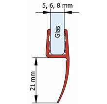 Profielaanzicht van een doucheafdichting met afmetingen van 5, 6 en 8 millimeter glasdikte en 21 millimeter hoogte