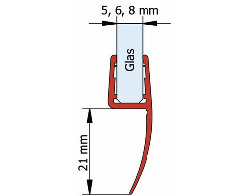 Profielaanzicht van een doucheafdichting met afmetingen van 5, 6 en 8 millimeter glasdikte en 21 millimeter hoogte