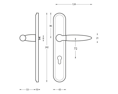 Technische tekening van een deurklink met afmetingen