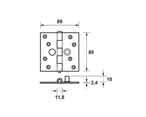 Technische tekening van een scharnier met maatgegevens