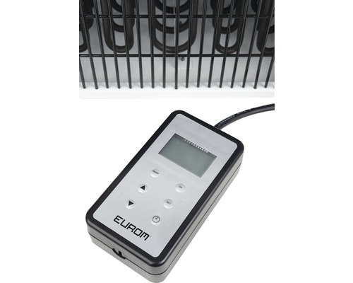 Close-up van een verwarming met bedieningselement en Eurom Logo