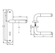 Technische tekening van een deurbeslag met afmetingen