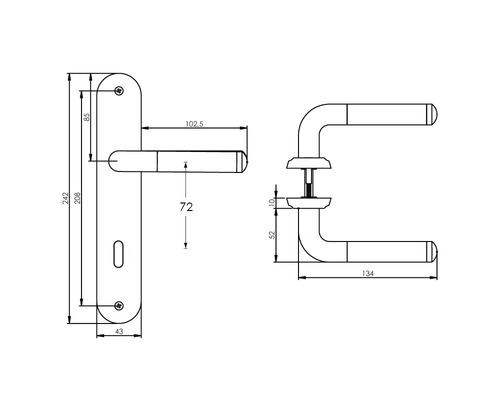 Technische tekening van een deurbeslag met afmetingen