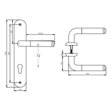 Technische tekening van een deurkruk met lang schild en een deurkruk met rozet, inclusief afmetingen