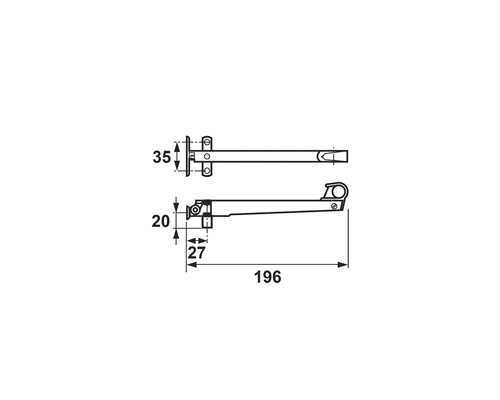 Technische tekening van een raamhouder met afmetingen