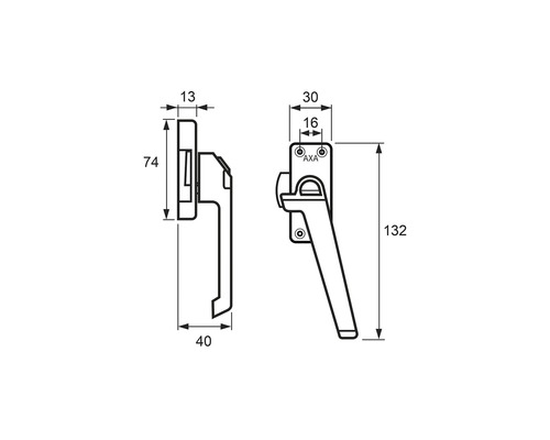 Technische tekening van een raamkruk met afmetingen