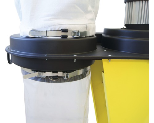 Detailopname van een stofafzuiging met filterzak en opvangzak.