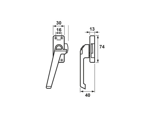 Technische tekening van een raamkruk met afmetingen