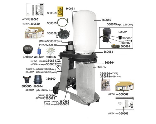 Explosietekening van een stofafzuiginstallatie met diverse onderdelen en accessoires
