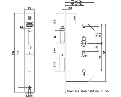 Technische tekening van een deurslot met afmetingen