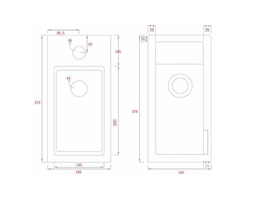 Technische tekening van een wastafel met maatvoering