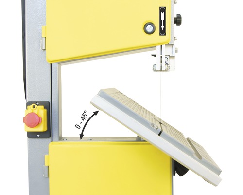 Detailopname van een bandzaag met een tafel die verstelbaar is van 0 tot 45 graden.