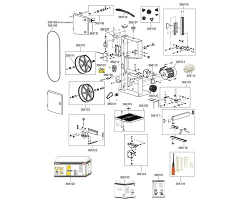 Explosietekening van een bandzaag met de bijbehorende reserveonderdelen
