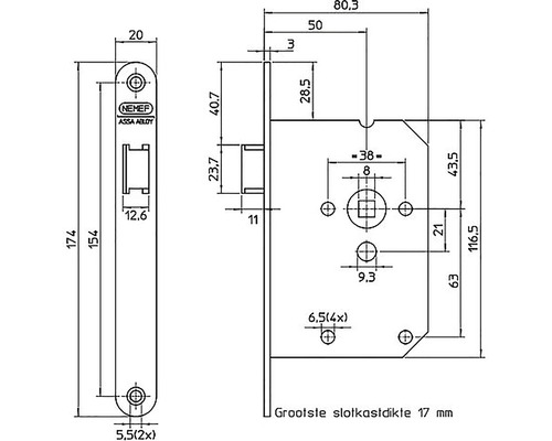 Technische tekening van een insteekslot met afmetingen