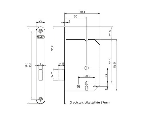 Technische tekening van een NEMEF slot met maatvoering