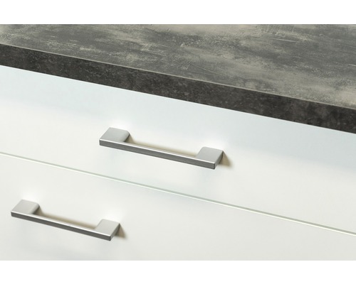 Gedetailleerd aanzicht van een badkamerkast met twee laden, werkblad en handgrepen