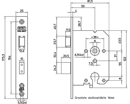 Technische tekening van een deurslot met maatvoering