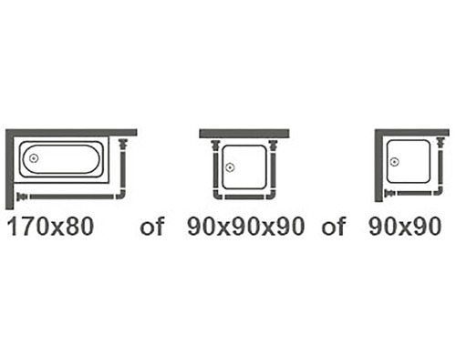 Schematische weergave van baden en douchecabines in verschillende maten.