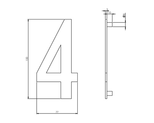 Technische tekening huisnummer 4 met afmetingen 150 x 77 mm