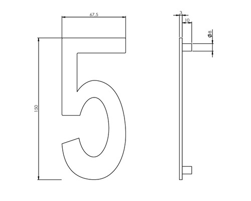 Technische tekening van huisnummer 5 met afmetingen
