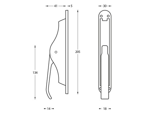 Technische tekening van een raamkruk met maatvoering