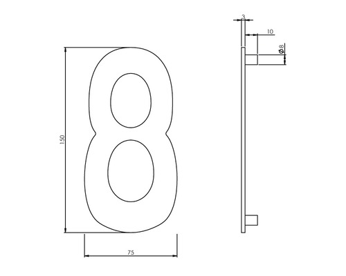 Technische tekening van huisnummer 8 met maatvoering.