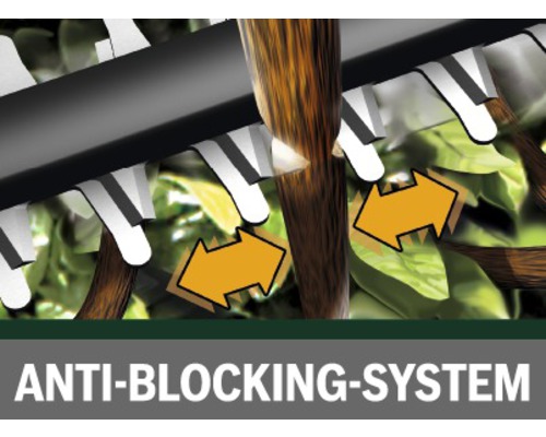 Afbeelding van het antiblokkeersysteem van een heggenschaar in actie.