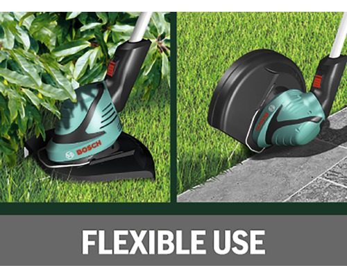 Bosch grastrimmer in gebruik aan de rand van het gazon en onder struiken