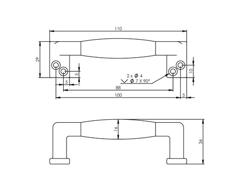 Technische tekening van een meubelgreep met afmetingen